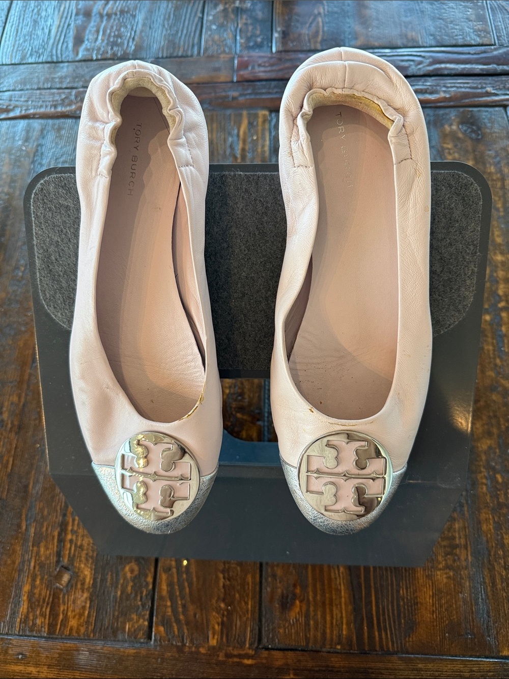 Tory Burch Blush Pink Leather Logo Cap-Toe Ballet Flats